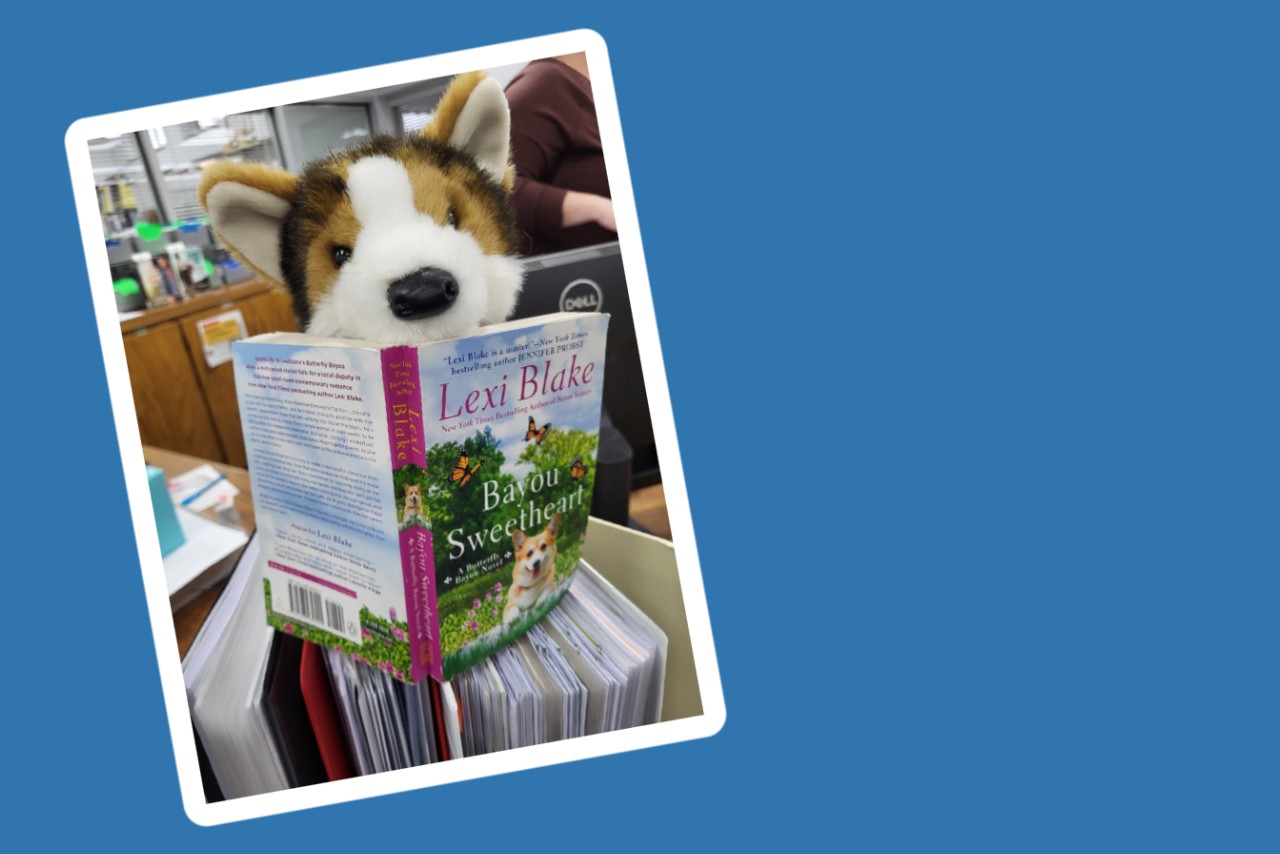 A stuffed dog reading a book with a dog on the cover. The book is Bayou Sweetheart by Lexi Blake.