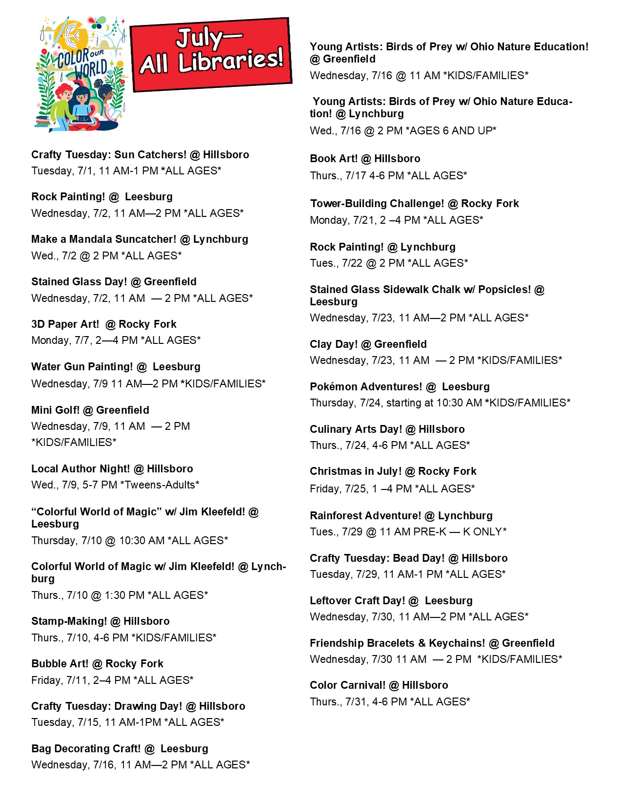 The July Summer Reading Schedule for All Branches