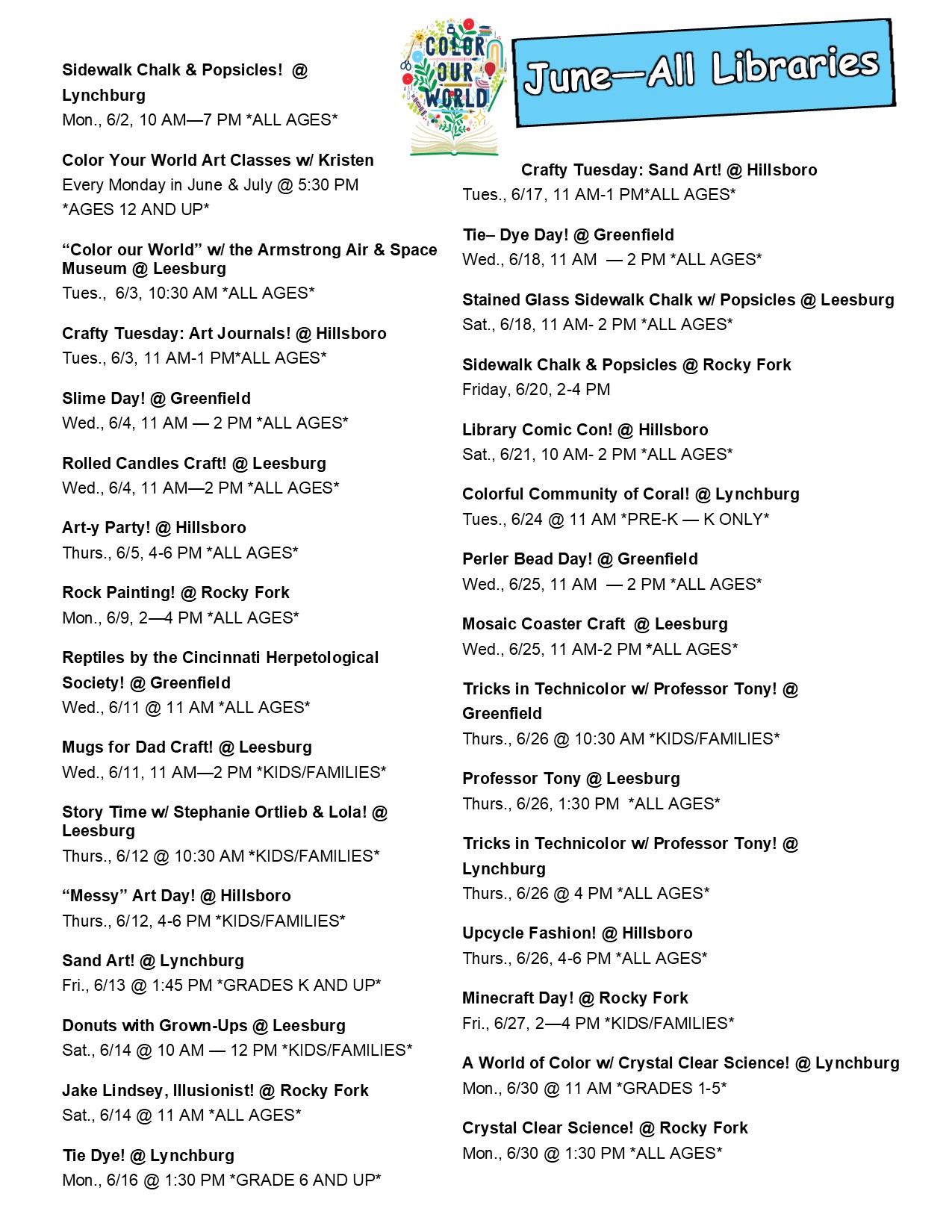 The Summer Reading June Schedule for All Branches