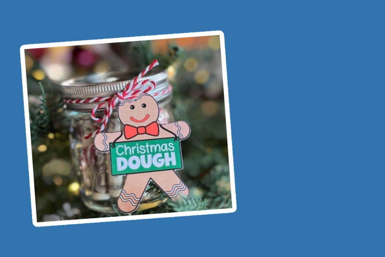 Jar ornament with gingerbread cut-out that says Christmas Dough