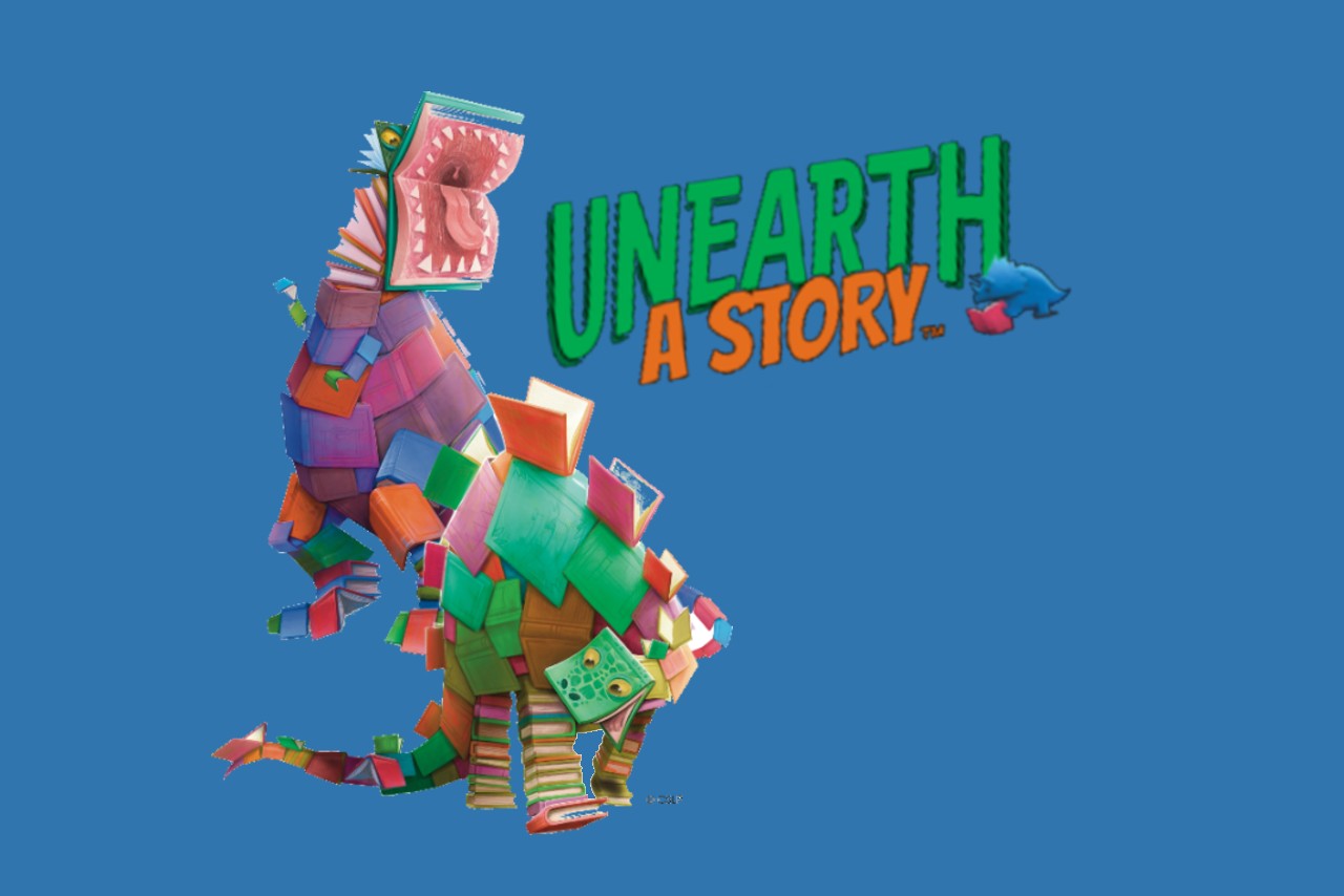 Dinosaurs made of book beside the text Unearth a Story