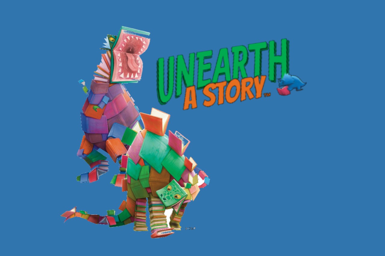 Dinosaurs made of book beside the text Unearth a Story