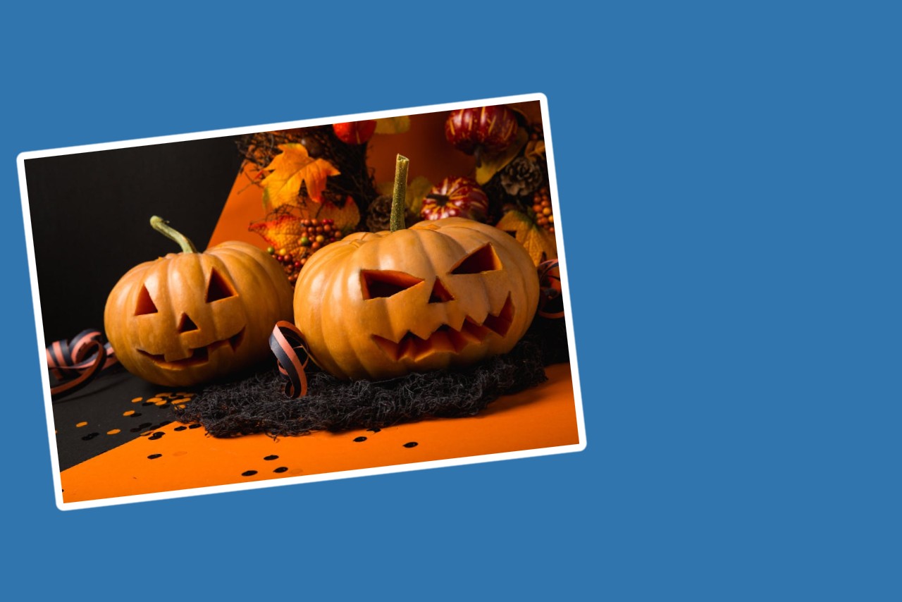 Two jack-o'-lanterns with orange and black decorations 