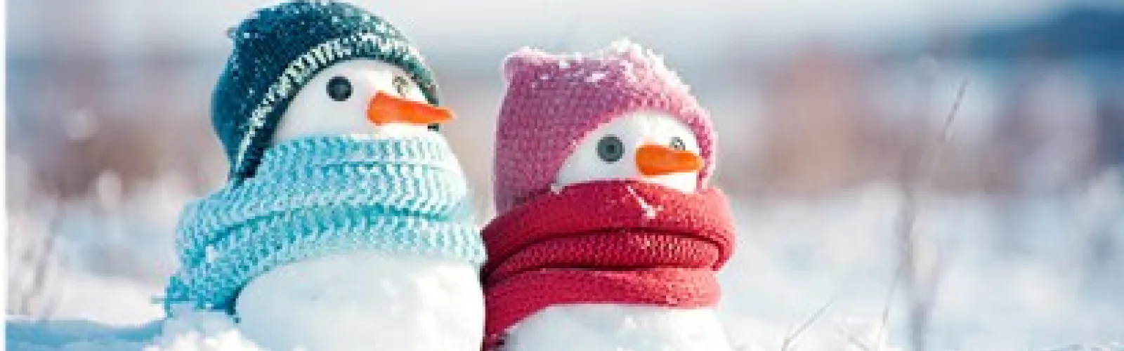 A miniature snowmen with blue hat and scarf next to another miniature snowman with a red hat and scarf